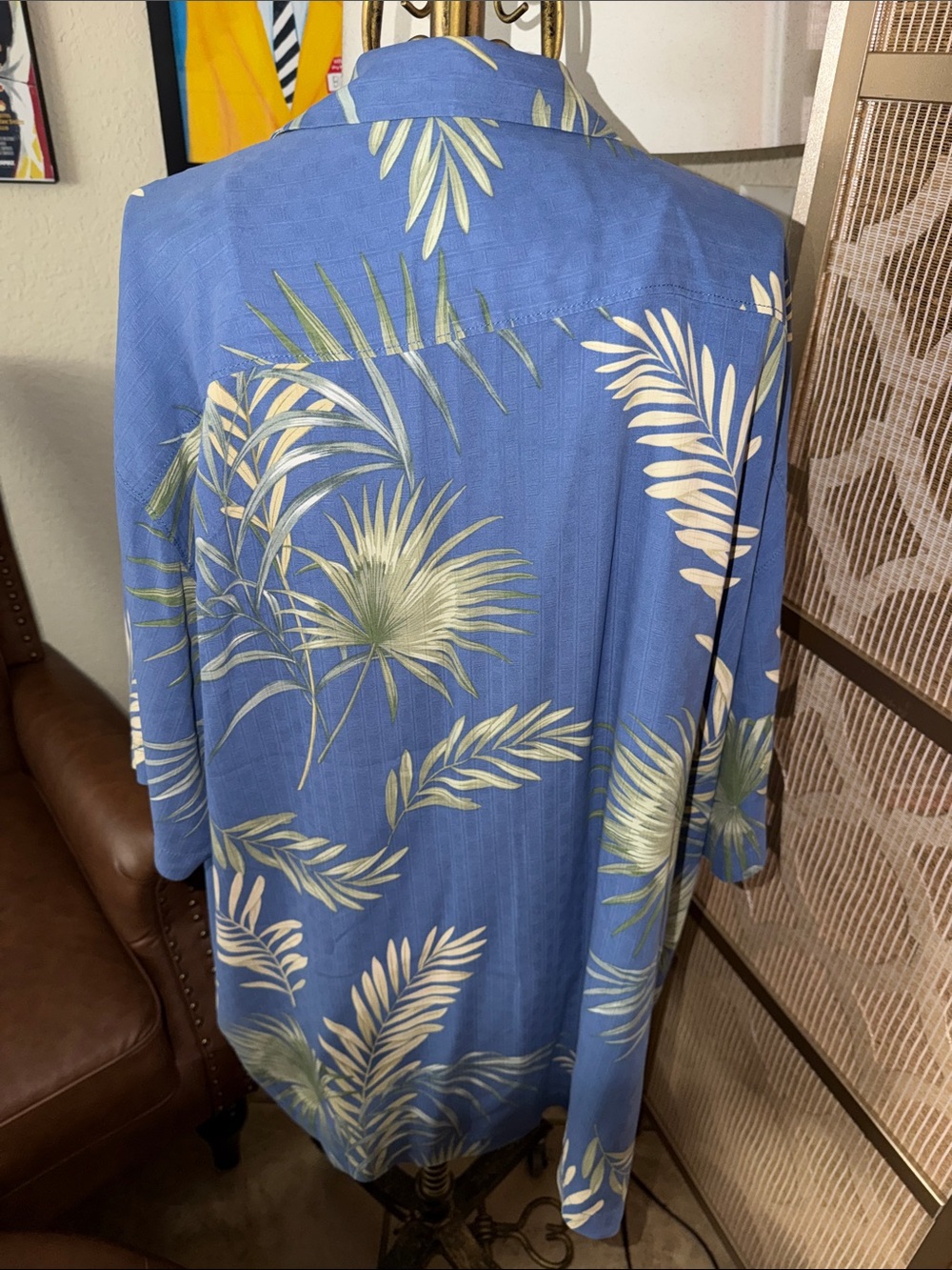 Tommy Bahama Blue and Cream Tropical Leaf Camp Shirt - Picture 4 of 4